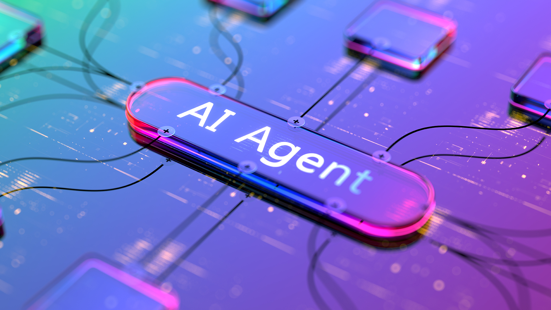 AI - AGENT. Chatbot assistant speech bubble on digital display. Artificial intelligence and virtual communication technology. Agentic AI.
